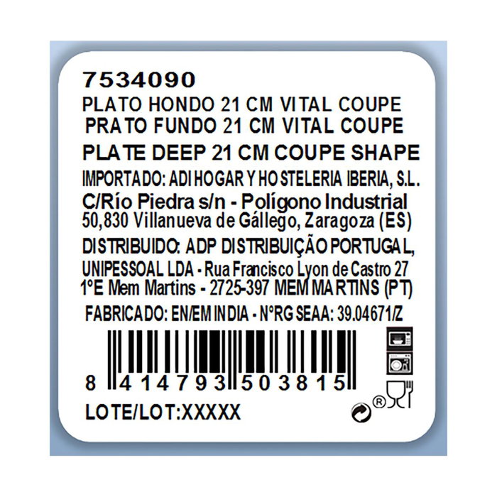 Plato Hondo Porcelana Vital Coupe Ariane 21 cm (6 Unidades)