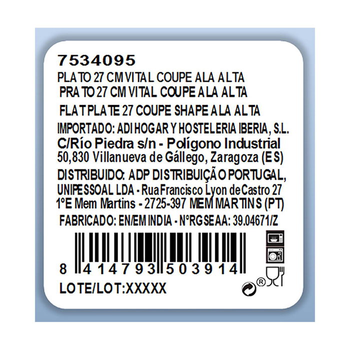 Plato Llano Porcelana Ala Elevada Vital Coupe Ariane 27 cm (12 Unidades)