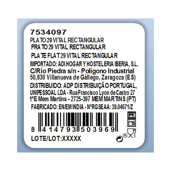 Ariane Plato Llano Vital Rectangular Blanco (6 Unidades) 29x15,5 cm