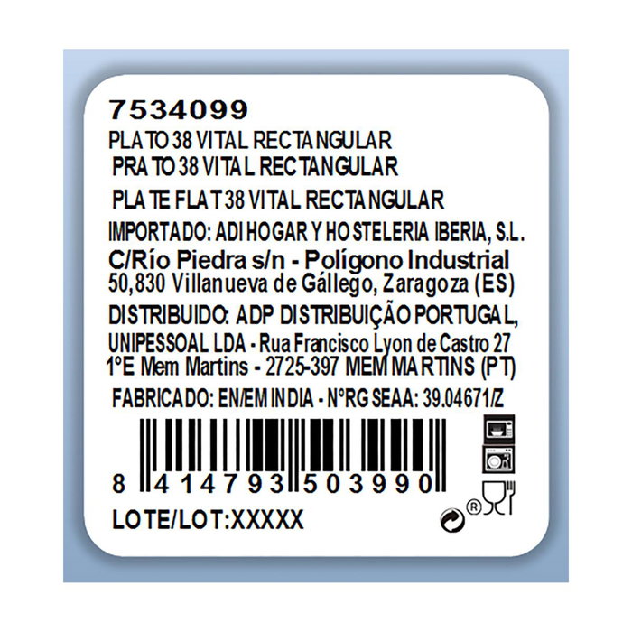 Plato Llano Ariane Vital Rectangular Cerámica Blanco (38 x 20,4 cm) (6 Unidades)