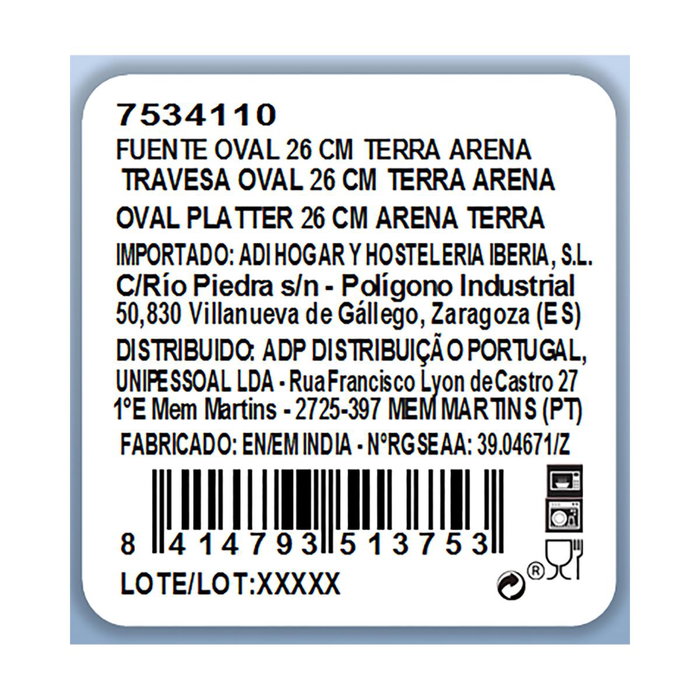 Fuente Oval Porcelana Terra Ariane 26 cm (12 Unidades)