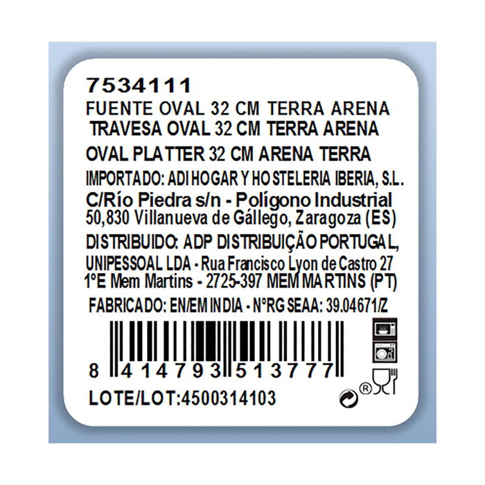 Fuente Oval Porcelana Terra Ariane 32 cm (6 Unidades)