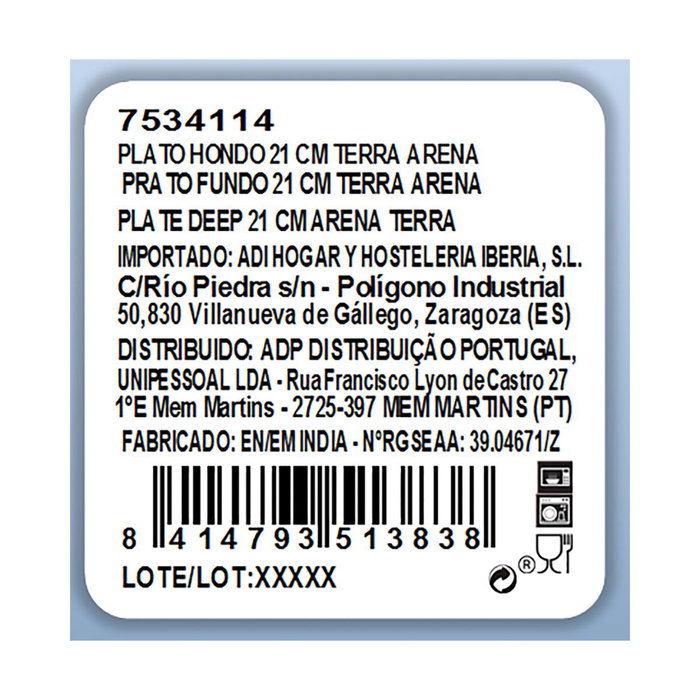 Plato Hondo Porcelana Terra Ariane 21 cm (6 Unidades) Plato Hondo Porcelana Terra Ariane 21 cm (6 Unidades)