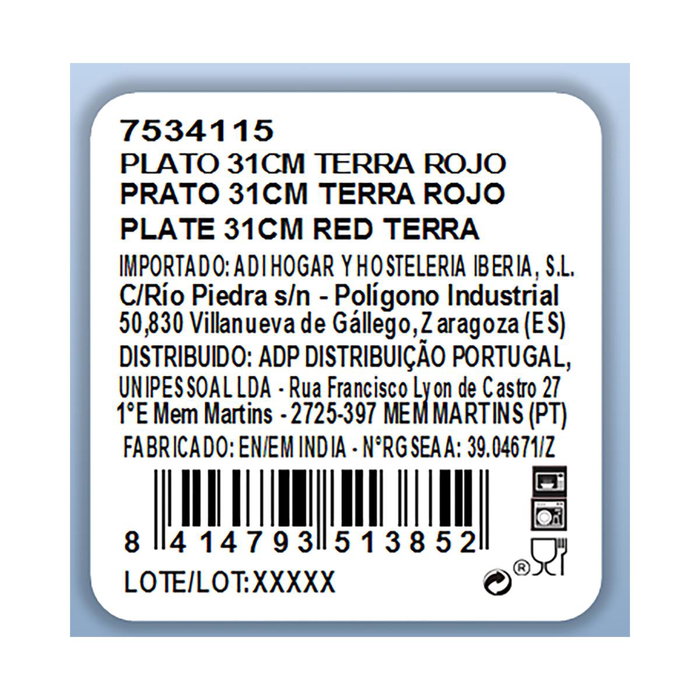 Plato Llano Porcelana Terra Ariane 31 cm (6 Unidades)
