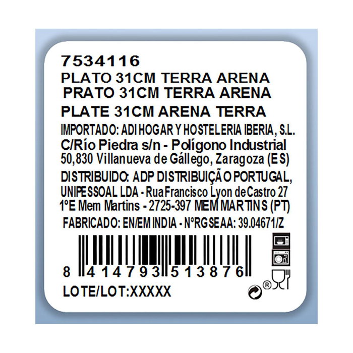 Plato Llano Porcelana Terra Ariane 31 cm (6 Unidades)