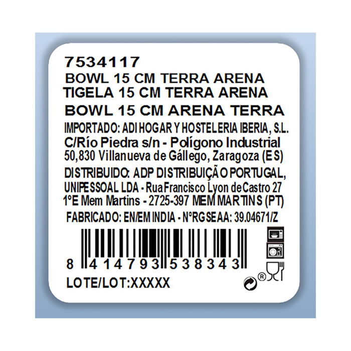 Bol Porcelana Terra Ariane 15 cm (6 Unidades)