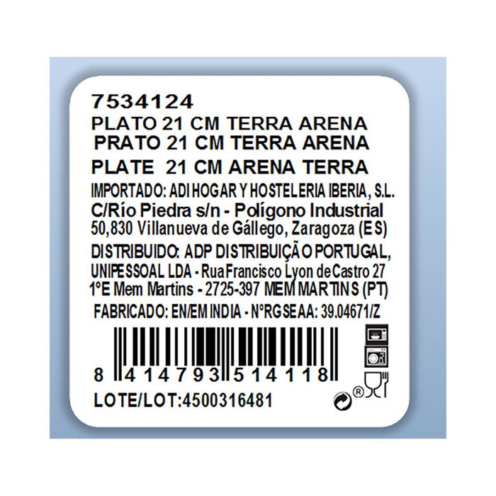 Plato Llano Porcelana Terra Ariane 21 cm (12 Unidades)