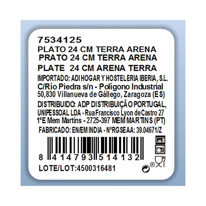 Plato Llano Porcelana Terra Ariane 24 cm (6 Unidades)
