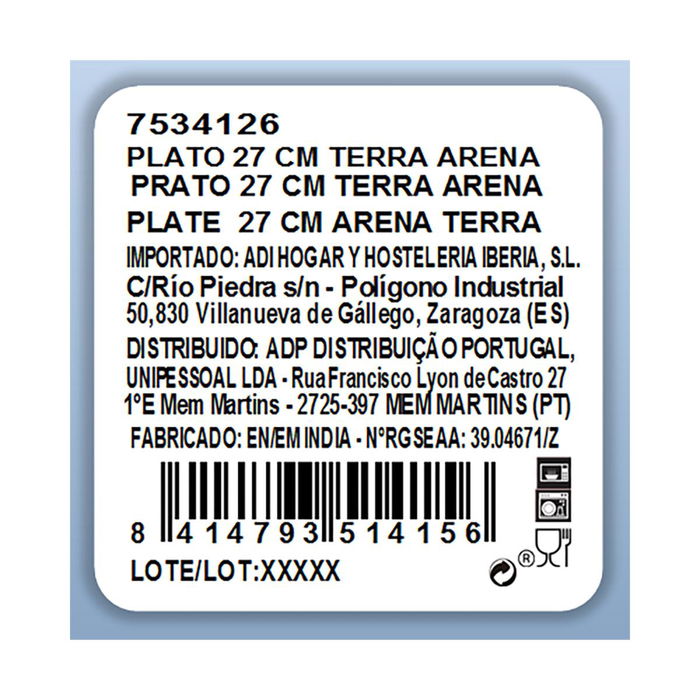 Plato Llano Porcelana Terra Ariane 27 cm (6 Unidades)