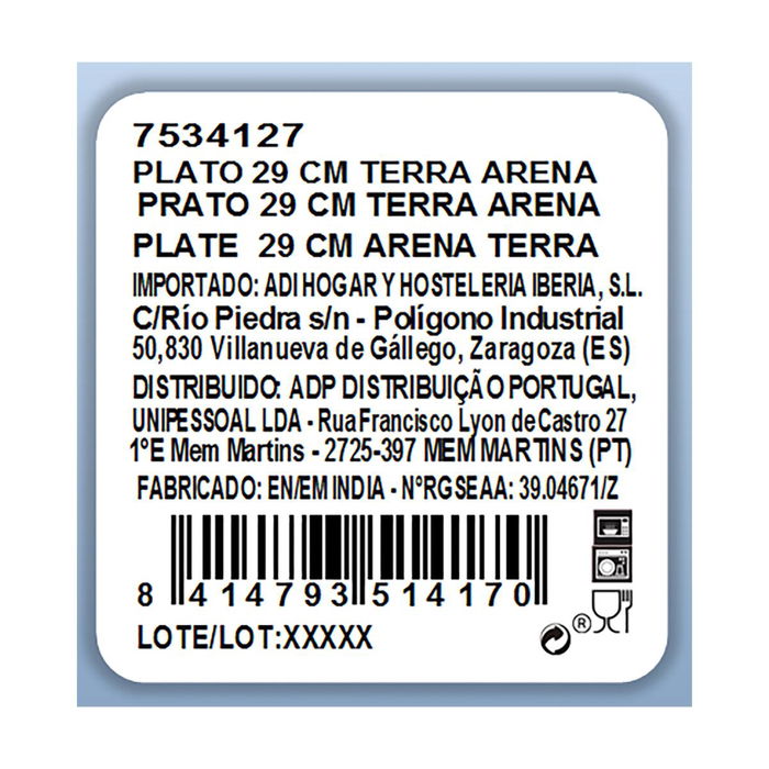 Plato Llano Porcelana Terra Ariane 29 cm (6 Unidades)