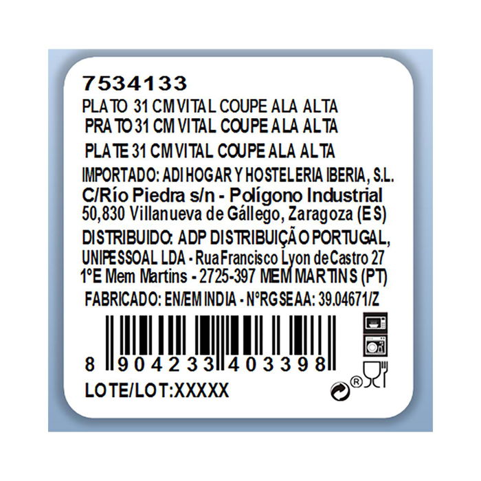Plato Llano Porcelana Ala Elevada Vital Coupe Ariane 31 cm (6 Unidades)