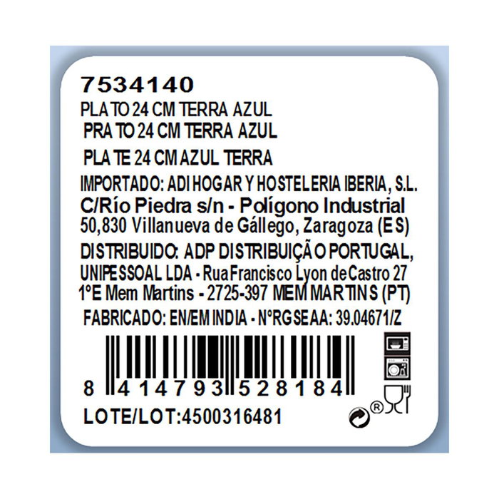 Plato Llano Porcelana Terra Ariane 24 cm (6 Unidades)