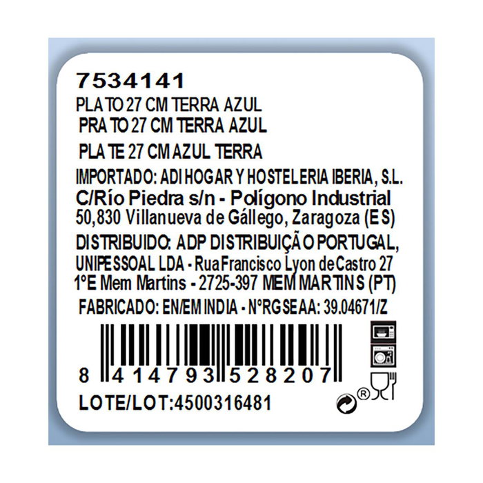 Plato Llano Porcelana Terra Ariane 27 cm (6 Unidades)
