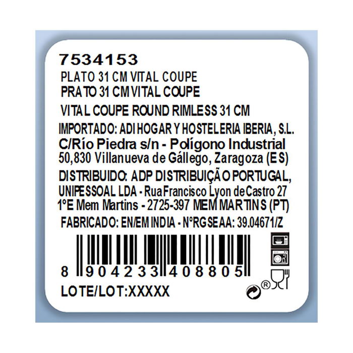 Plato Llano Porcelana Vital Coupe Ariane 31 cm (6 Unidades)