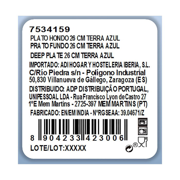 Plato Hondo Porcelana Terra Ariane 26 cm (6 Unidades)