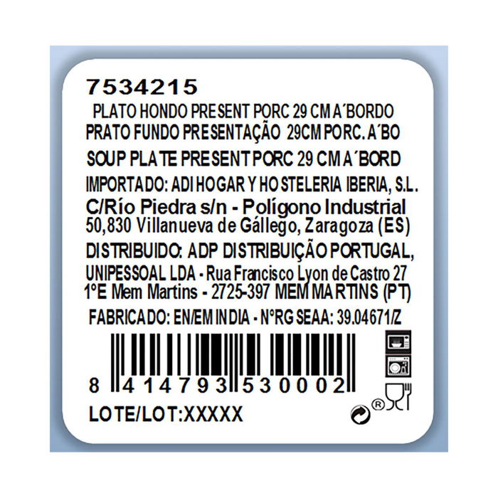 Plato Hondo Porcelana Prime Ariane 29 cm (6 Unidades)