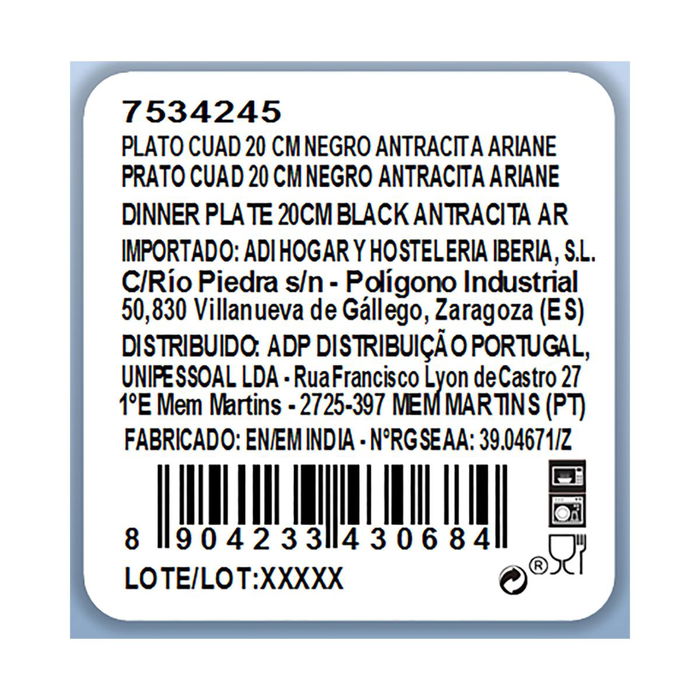 Plato Postre Porcelana Antracita Ariane 20 cm (12 Unidades)