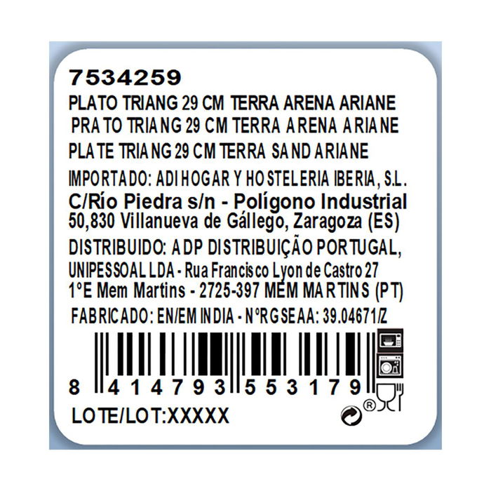 Plato Triangular Porcelana Terra Ariane 29 cm (6 Unidades)