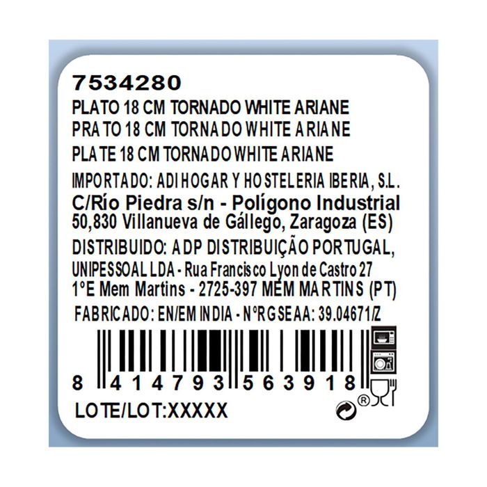 Plato Llano Porcelana Tornado White Ariane 18 cm (12 Unidades)