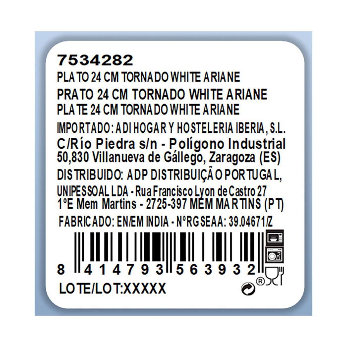 Plato Llano Porcelana Tornado White Ariane 24 cm (6 Unidades) Plato Llano Porcelana Tornado White Ariane 24 cm (6 Unidades)