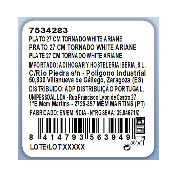 Plato Llano Porcelana Tornado White Ariane 27 cm (6 Unidades)