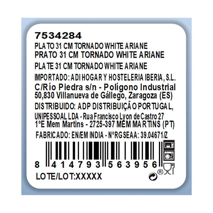 Plato Llano Porcelana Tornado White Ariane 31 cm (6 Unidades)