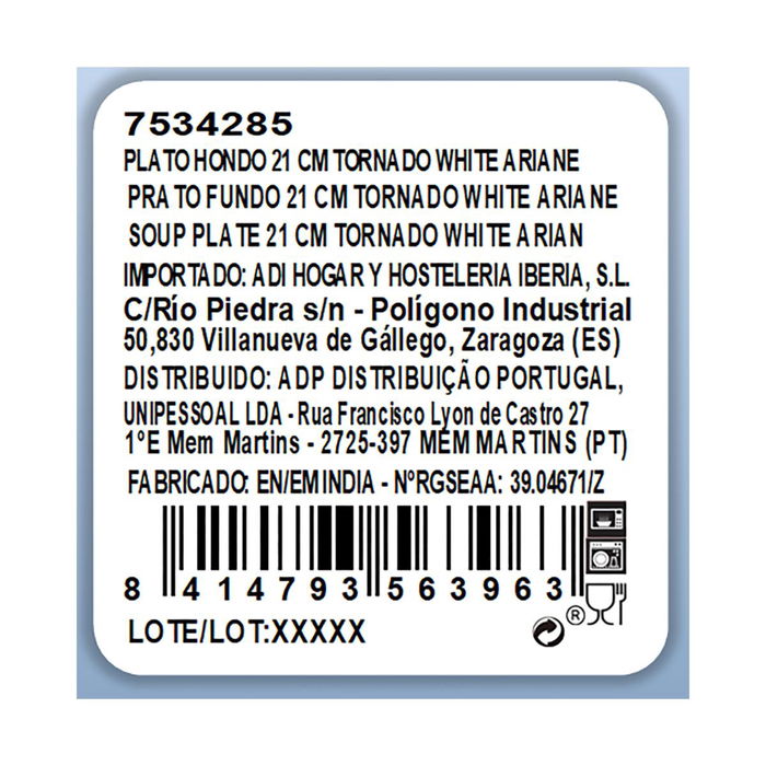 Plato Hondo Porcelana Tornado White Ariane 21 cm (6 Unidades) Plato Hondo Porcelana Tornado White Ariane 21 cm (6 Unidades)