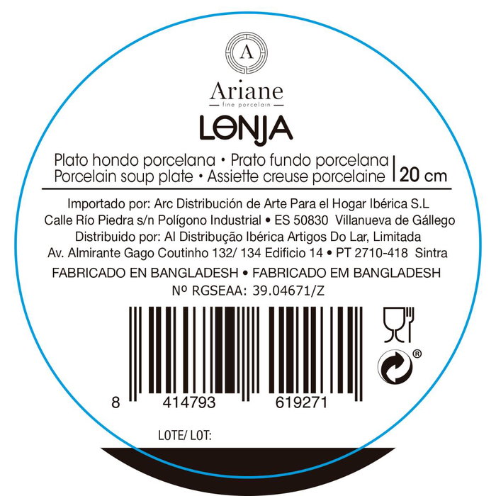 Plato Hondo Porcelana Decor Ariane 20 cm (6 Unidades) Plato Hondo Porcelana Decor Ariane 20 cm (6 Unidades)