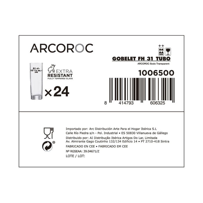 Caja 24 Vasos Altos Vidrio Tensionado Tubo Arcoroc 30 cL