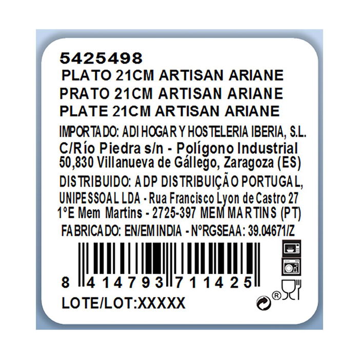 Plato Porcelana Reforzada Artisan Ariane 21 cm (12 Unidades)