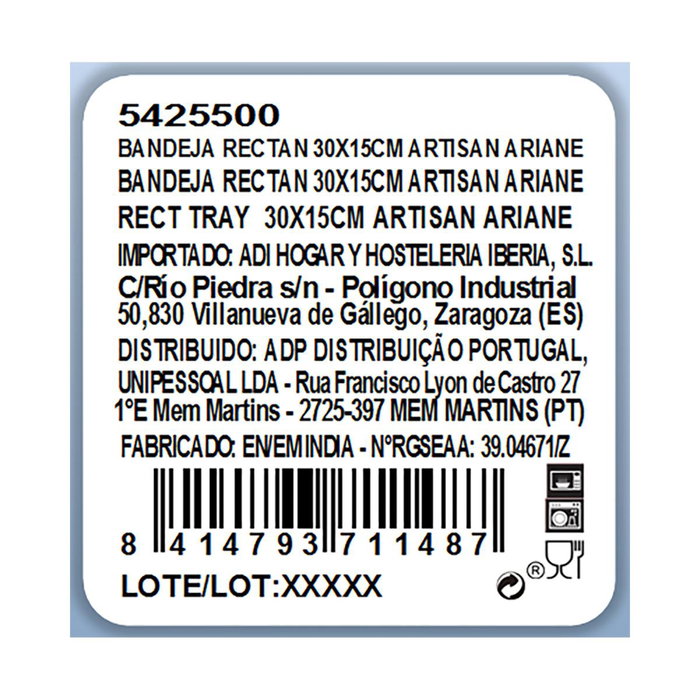 Bandeja Rectangular Porcelana Reforzada Artisan Ariane 30x15 cm (6 Unidades)