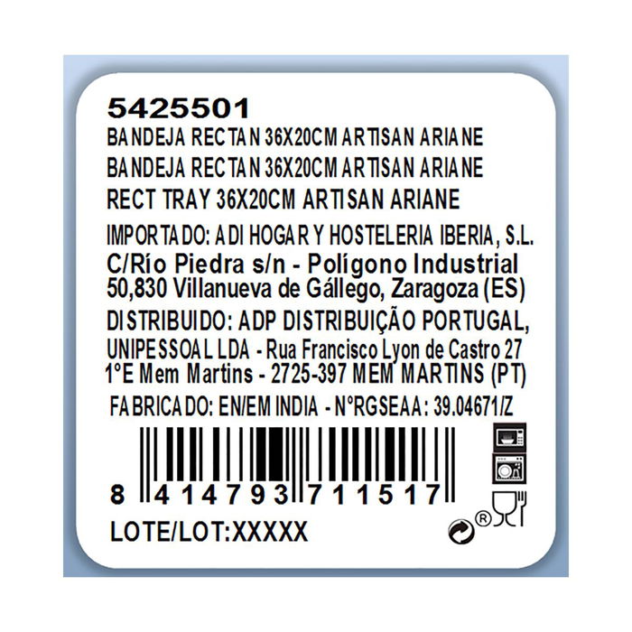 Bandeja Rectangular Porcelana Reforzada Artisan Ariane 36x20 cm (6 Unidades)