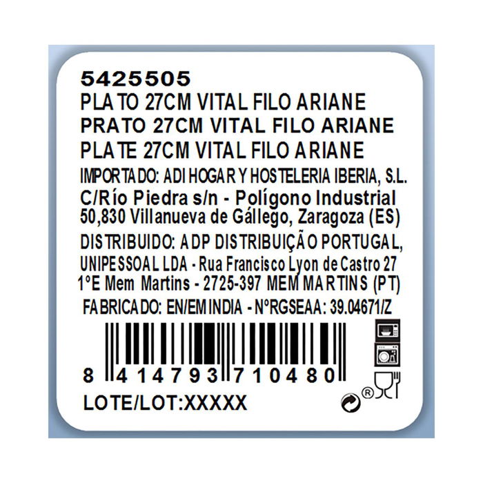 Plato Porcelana Reforzada Vital Filo Ariane 27 cm (6 Unidades)