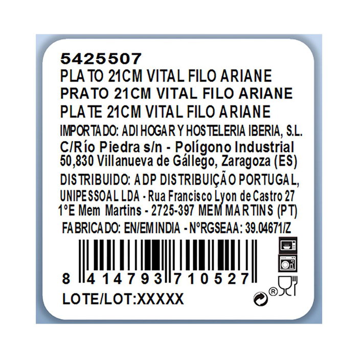 Plato Porcelana Reforzada Vital Filo Ariane 21 cm (12 Unidades)
