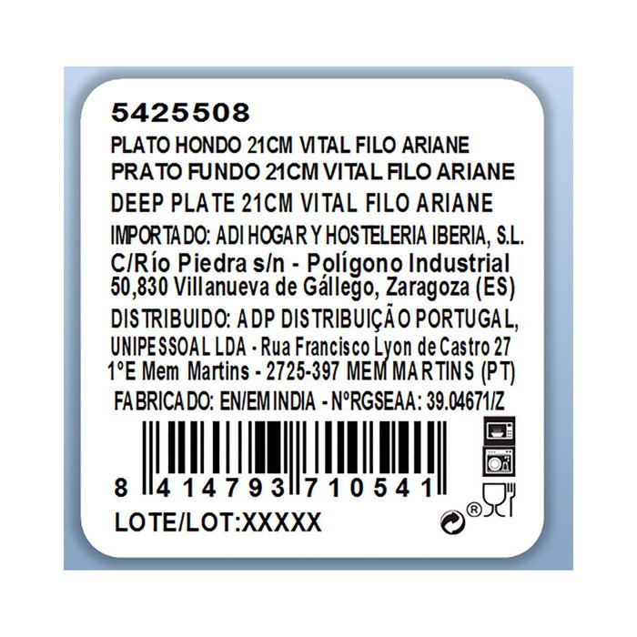 Plato Porcelana Reforzada Vital Filo Ariane 21 cm (6 Unidades) Plato Porcelana Reforzada Vital Filo Ariane 21 cm (6 Unidades)
