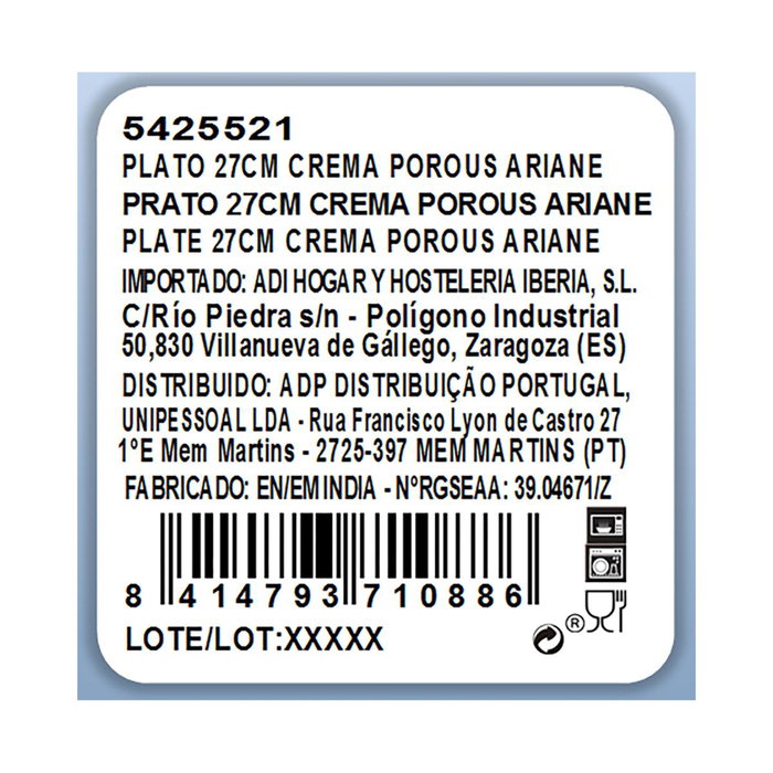 Plato Porcelana Reforzada Porous Ariane 27 cm (6 Unidades)