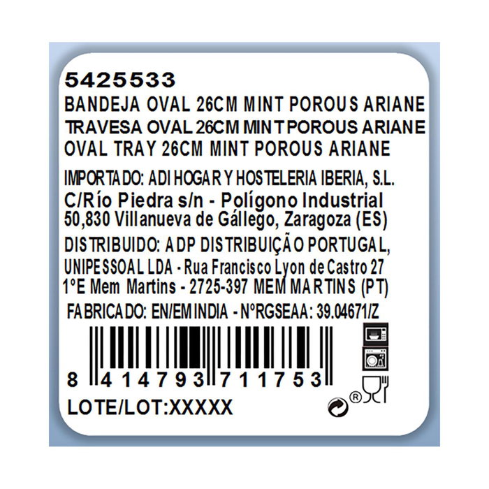 Bandeja Oval Porcelana Reforzada Porous Ariane 26 cm (12 Unidades)