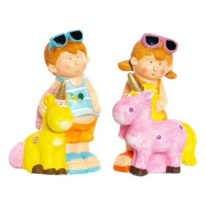 DKD Home Decor Figura de Fibra de Vidrio Niños y Unicornio, Surtido de 2 Piezas