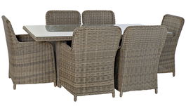 DKD Home Decor Mesa de Comedor para Terraza y Jardín, Set de 7 Piezas en Ratán Sintético y Acero con Cristal, Color Beige y Gris, Dimensiones 200 x 100 x 75 cm, Incluye Cojines