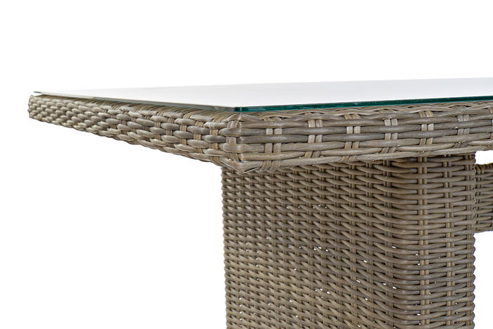 DKD Home Decor Mesa de Comedor para Terraza y Jardín, Set de 7 Piezas en Ratán Sintético y Acero con Cristal, Color Beige y Gris, Dimensiones 200 x 100 x 75 cm, Incluye Cojines