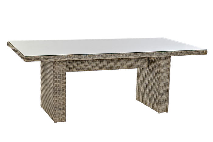 DKD Home Decor Mesa de Comedor para Terraza y Jardín, Set de 7 Piezas en Ratán Sintético y Acero con Cristal, Color Beige y Gris, Dimensiones 200 x 100 x 75 cm, Incluye Cojines
