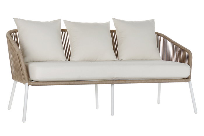 DKD Home Decor Sofá Terraza y Jardín Set de 4 Blanco Beige Aluminio Poliéster Cuerda 151.5 x 72 x 70 cm