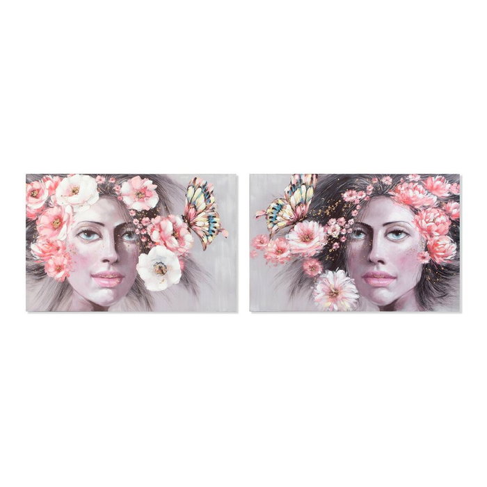 DKD Home Decor Set de 2 Cuadros Lienzo MDF Mujer Flores Multicolor