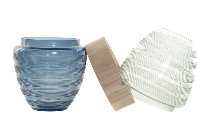 DKD Home Decor Jarrón Moderno Azul Marino Marron Cristal Madera 21 x 43 x 21 cm