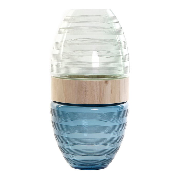 DKD Home Decor Jarrón de Cristal y Madera Azul Marino 21x21x43 cm