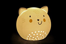 DKD Home Decor Lámpara Sobremesa Kids Fantasia Gatito Porcelana LED Blanco 15 x 14 x 16 cm