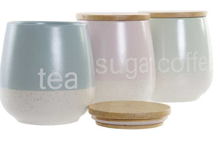 DKD Home Decor Bote Scandi Gres y Rubberwood Rosa Verde Azul 10 x 16 x 10 cm (3 Unidades)