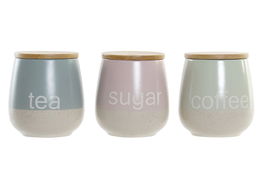 DKD Home Decor Bote Scandi Gres y Rubberwood Rosa Verde Azul 10 x 16 x 10 cm (3 Unidades)