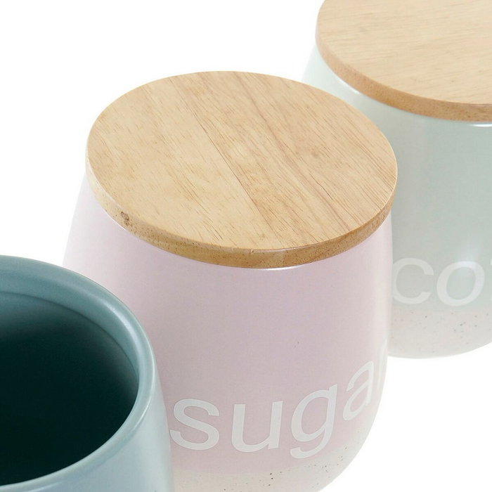DKD Home Decor Surtido de 3 Botes de Gres y Rubberwood 10x10x16 cm