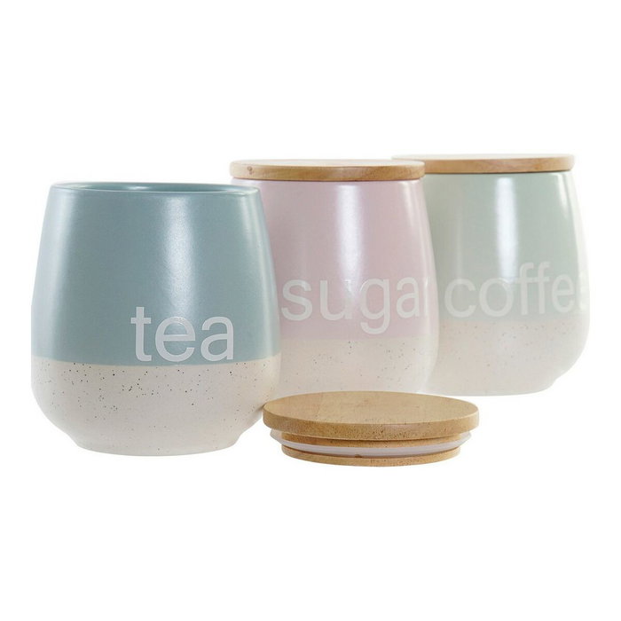 DKD Home Decor Surtido de 3 Botes de Gres y Rubberwood 10x10x16 cm